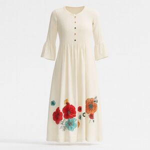 Taruni Maxi Dress Cream Floral Embroidered Pleated Bell Sleeve Women Size XL/42